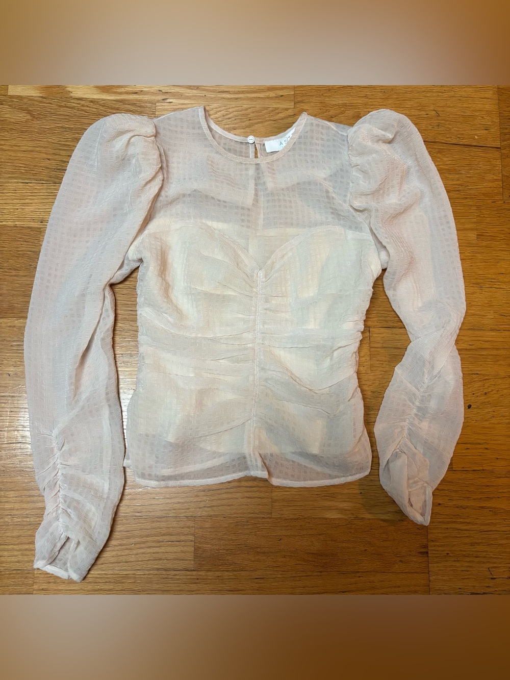 ASTR Cream Check Sheer Ruched Sweetheart Neck Puff Sleeve Boho Fairy Top XS